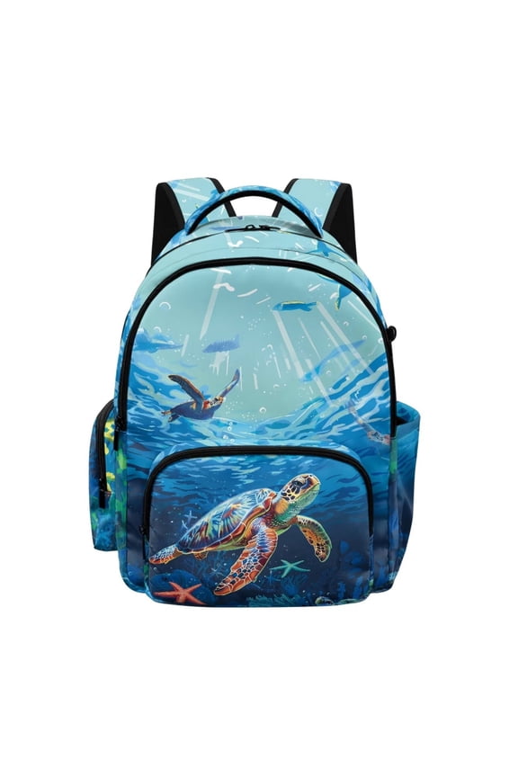 Kids Backpack for Boys 17 Inch School Backpacks Sea Turtle Starfish Blue Print Spacious Bookbag with Multi-Pockets Lightweight Casual Daypack for Elementary Student