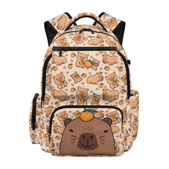 FKELYI Kids Backpack for Elementary Student 17 Inch Schoolbag Cartoon Capybara Love Orange Print Spacious Bookbag with Multi-Pockets Lightweight Casual Daypack Rucksack