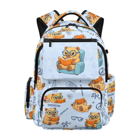 FKELYI Kids Backpack for Elementary Student Cartoon Capybara Blue Print 17 Inch Schoolbag Spacious Bookbag with Multi-Pockets Lightweight Casual Daypack Rucksack for Boys