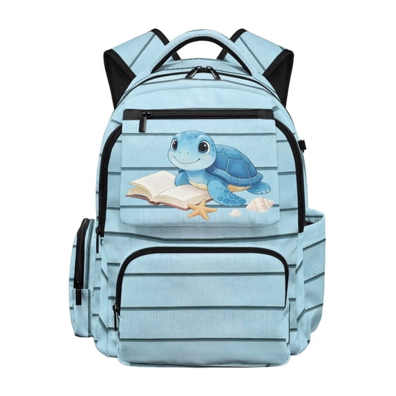 FKELYI Kids Backpack for Girls Boys Schoolbag Blue Stripe Sea Turtle Print 17 Inch School Bookbag with Multi-Pockets Travel Rucksack Knapsack for Hiking Camping