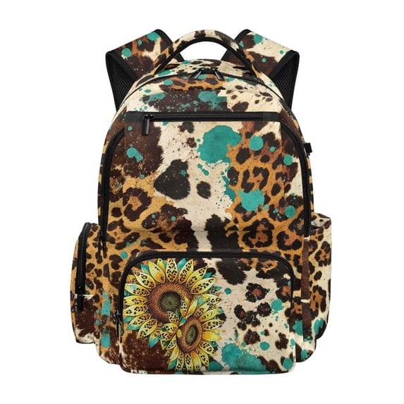 FKELYI Kids Backpack with Multi-Pockets 17 Inch Schoolbag for Elementary Student Boys Bookbag Sunflower Grunge Leopard Print Casual Daypack Travel Rucksack Knapsack for Girls