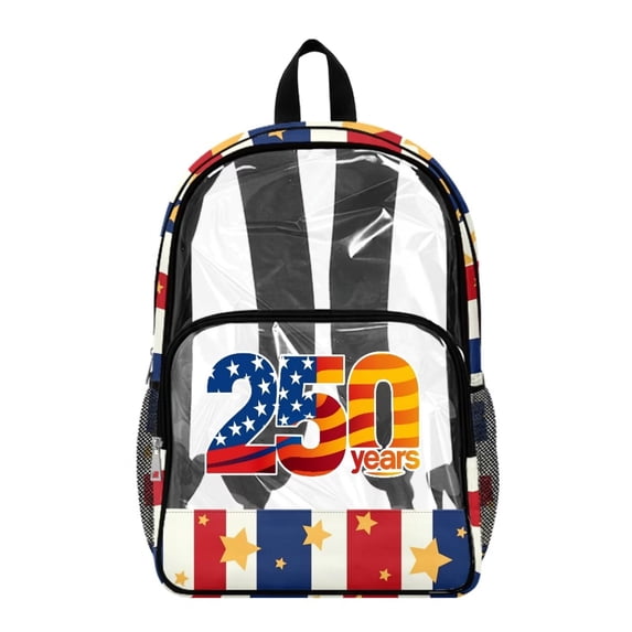 FKELYI 17 Inch Clear Backpacks for Kids School Bookbag USA 250th Anniversary Star Print Lightweight Transprent Schoolbag for Elementary Student Daypack Rucksack