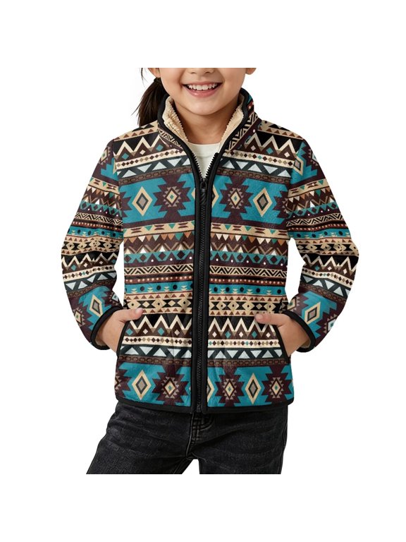 Kids Fleece Jacket Aztec Tribal Geometric Print, 5Y, Full Zip, Windproof Stand-Up Collar, Autumn Winter Warm Coat, Faux Sherpa Lined Layering, Lightweight Outerwear for Child