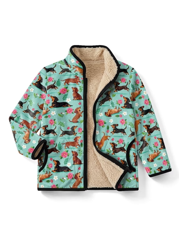 Kids Fleece Jacket Dachshund Dog Flower Print Coat, 2Y, Soft Kids Sherpa Lined Jacket with Side Pocket, Zip Up Fleece Warm Coat, Lightweight Layering, Windproof Stand-Up Collar
