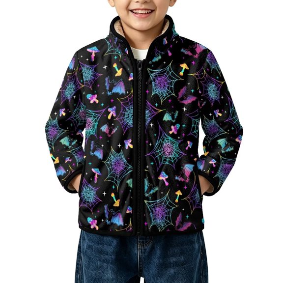 FKELYI Kids Fleece Jacket Halloween Mushroom Spiderweb Print, 2Y, Lightweight Faux Sherpa Lined Jacket, Windproof Stans-Up Collar, Warm Coat with Pockets, Autumn Winter Coat, Soft Layering