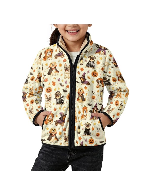 Kids Fleece Jacket Halloween Pumpkin Dog Bat Print, 5Y, Full Zipper, Boys Girls Fleece Jacket with Side Pockets, Windproof Stand-Up Collar, Toddler Winter Coat, Kids Outerwear