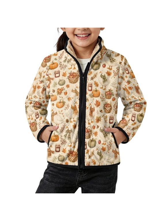 Kids Fleece Jacket Pumpkin Leaf Goose Print, 3Y, Kids Zip Up Fleece Jacket, Faux Sherpa Lined, Windproof Stand-Up Collar, Long Sleeve Winter Outerwear with Pockets