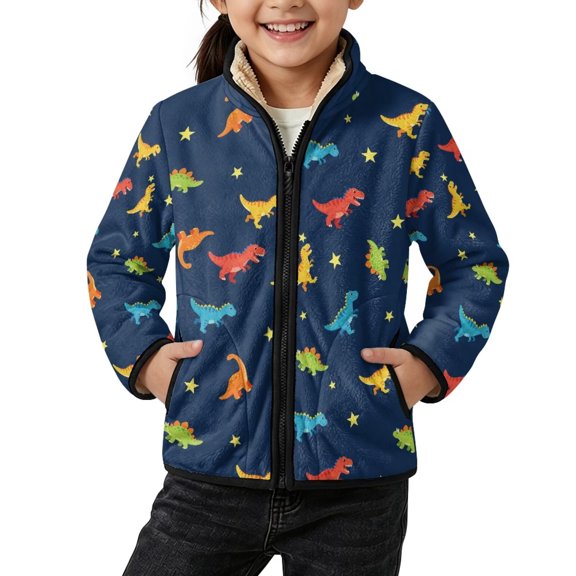 FKELYI Kids Fleece Jacket Star Dinosaur Blue Print, 2Y, Full Zipper Warm Coat with Side Pockets, Lightweight Autumn Winter Outerwear, Faux Sherpa Lined Layering for Toddler Child