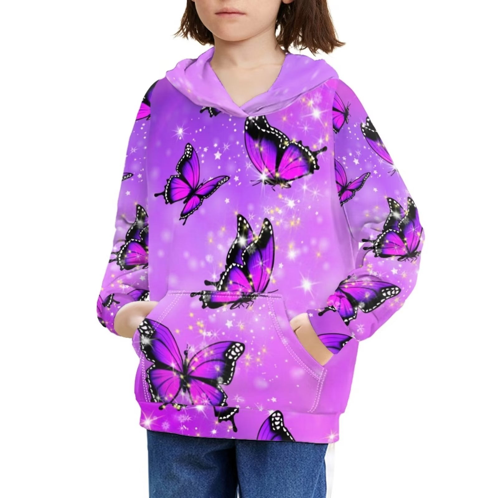 Fkelyi Kids Girls Hoodies with Glitter Butterfly Size 14-16 Years Comfortable Youth Children Unisex Hooded Pullover Casual Daily Life Purple Long