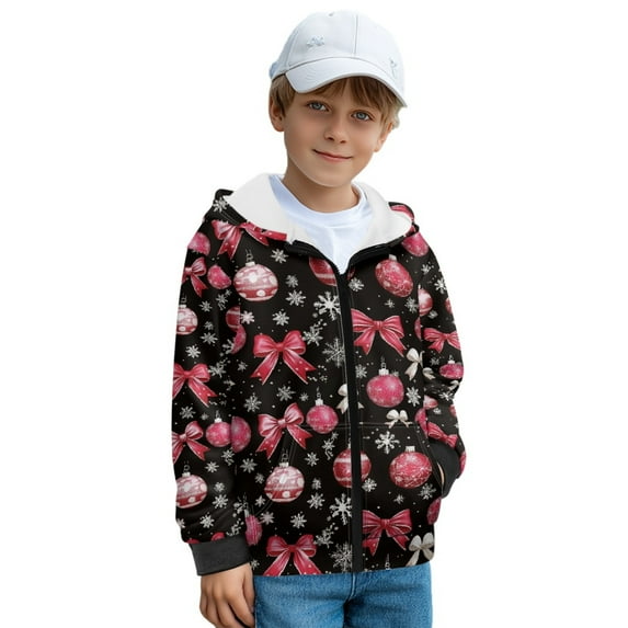 FKELYI Kids Hoddies Full Zipper Hooded Sweatshirt Snowflake Pink Bow Print Boys Girls Fall Top Hoodie Cosy Breathable Winter Streetwear with 2 Pockets, M