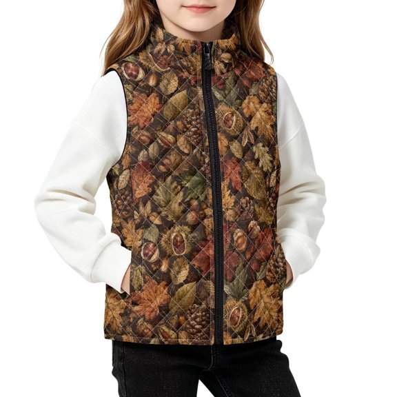 FKELYI Kids Quilted Vest Fall Maple Leaf Pinecone Print, 2Y, Stand Collar Jacket, Warm Jacket, Sleeveless Outwear with Pockets, Warm Vest, Lightweight Outwear