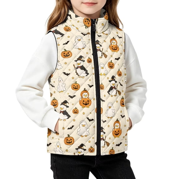 FKELYI Kids Quilted Vest Halloween Duck Pumpkin Print, 2Y, Zip Up Front, Sleeveless Jacket, Stand Collar Warm Outwear, Fall Winter Coat with Side Pockets, Water Resistant