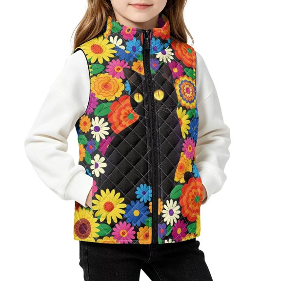 FKELYI Kids Quilted Vest Hippie Flower Cat Print, 2Y, Stand Collar, Sleeveless Jacket with Pockets, Water Resistant Coat, Fall Winter Outerwear, Full Zip Warm Vest