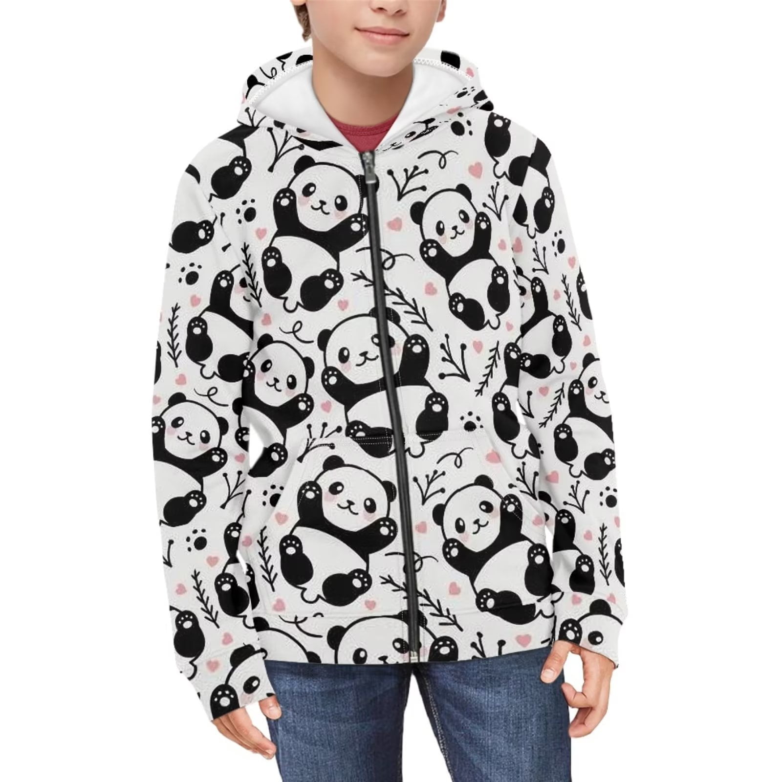 FKELYI Kids Zipper Hoodie Size 8 10 Elastic Cartoon Panda Round Neck Children Hoodies Polyester Zipper Sweatshirt Jacket for Boys Girls