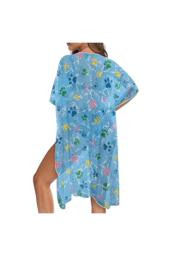 Kimono Cover Up for Women Summer Beach Coverup Blue Dog Cat Paw Print Half Sleeve Kimono Cardigan Sheer Beachwear Comfy Resort Wear for Ladies Casual Outfit