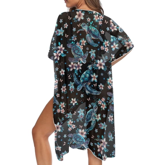 FKELYI Kimono Cover Up for Women Summer Beach Coverup Frangipani Flower Sea Turtle Print Half Sleeve Kimono Cardigan Sheer Beachwear Comfy Resort Wear for Ladies Casual Outfit