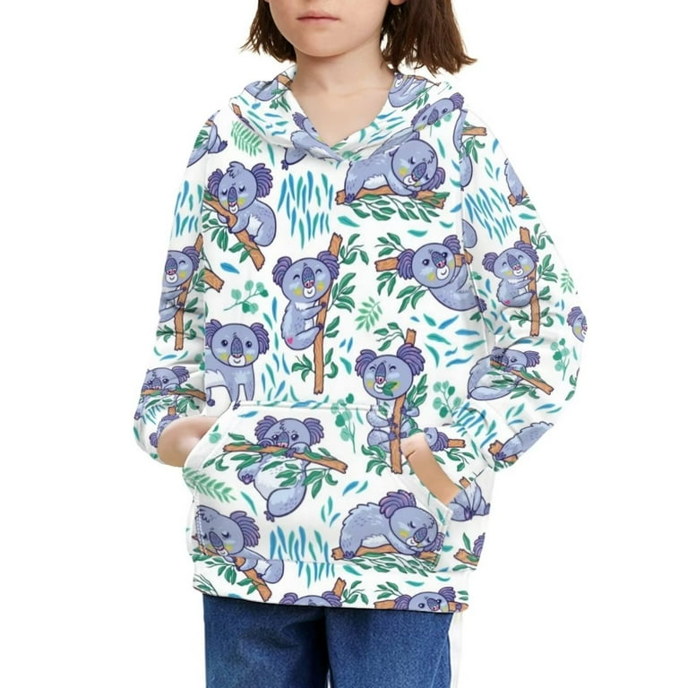 FKELYI Koala Pattern Cute Hoodies Kawaii Size 14 16 Years Breathable Girls Kids Round Neck Sweater Soft Casual Home Hooded Pullover for Youth