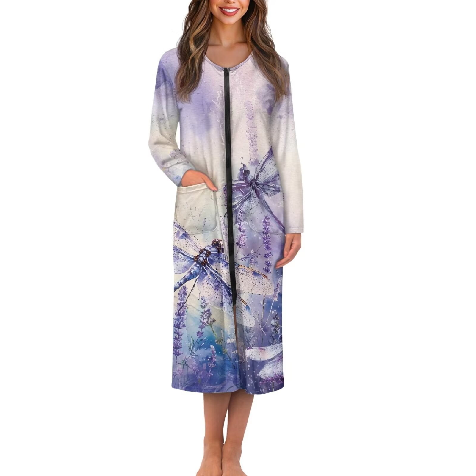 FKELYI Lavender Dragonfly Purple Print Zipper Front Robes Women ...