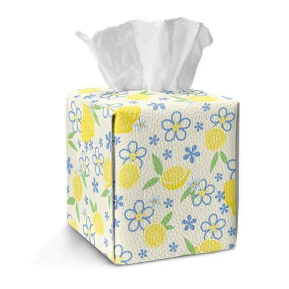 FKELYI Lemon Flower Print Tissue Box Cover PU Leather Texture Tissue Holder Squared Facial Paper Organizer Holder for Home Bedroom Living Room Tabletop Decor
