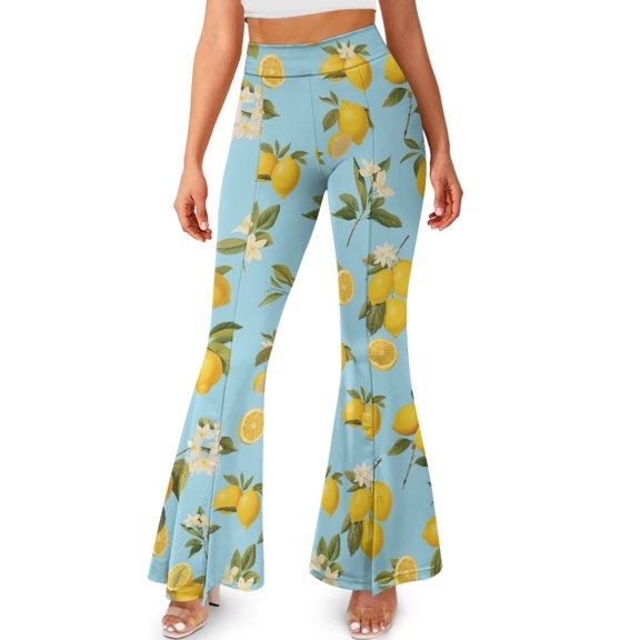FKELYI Lemon Retro Flower Print Flare Leggings for Women Bell Bottom Yoga Pants Wide Leg Pants Split Front Boot Cut Yoga Leggings High-Waist Sweatpants for Running Yoga, 2XL