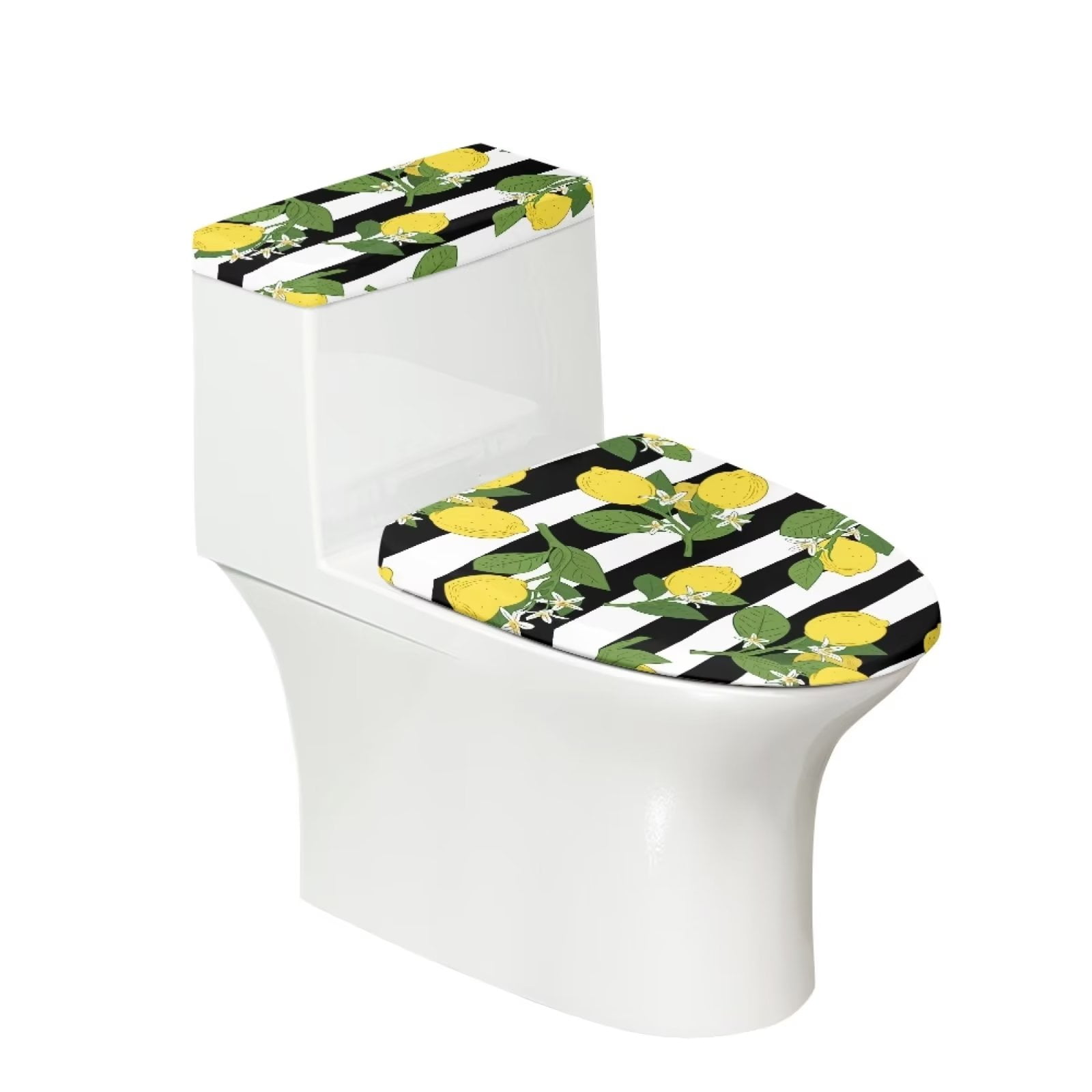 FKELYI Lemon Toilet Lid Cover 2 Pieces Black White Stripes Soft Toilet