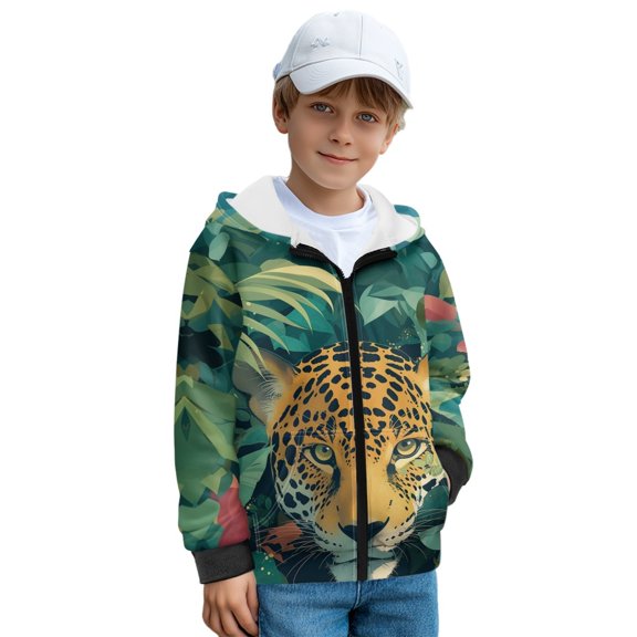FKELYI Leopard Palm Leaf Print Kids Hoodies with Full Zipper Cosy Sweatshirt Jacket with Pockets Girls Fleece Hooded Top Streetwear for School Home, M