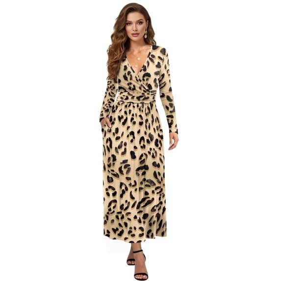 FKELYI Leopard Print Fall Maxi Dress for Women Long Sleeve A-Line Flowy Dresses with Side Pockets V Neck Casual Dress for Spring Winter, S