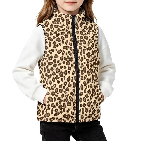 FKELYI Leopard Print Kids Puffy Vest Breathable Jacket, 7-8Y, Zip Up Front, Sleeveless Jacket, Stand Collar Warm Outwear, Fall Winter Coat with Side Pockets, Water Resistant