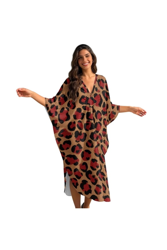 Leopard Print Women's Beach Cover Up Summer Kaftan V-Neck Loungewear Plus Size Swimsuit Coverup Batwing Sleeve Maxi Beach Dress Resort Wear