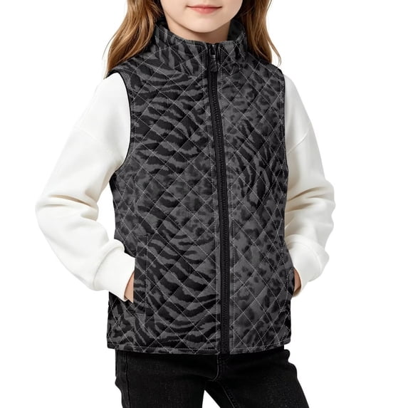 FKELYI Leopard Zebra Print Kids Warmer Vest Sleeveless Coat, 5-6Y, Sleeveless Jacket, Full Zip, Lightweight Warm Outerwear, Stand Collar, Fall Winter Cloth, Water Resistant