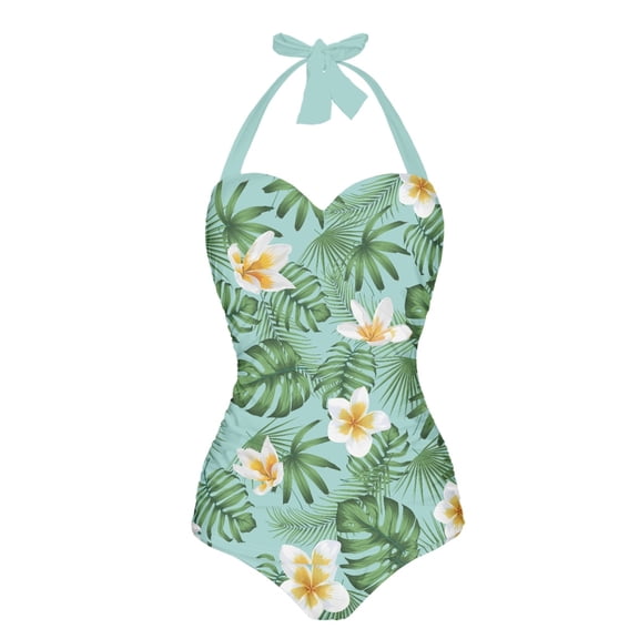 FKELYI Lily Floral Palm Leaves Print Bikini Swimwear for Women Polyester Swimsuits V Neck Bathing Suits Breathable Monokini Cosy Swim Suits Summer Beachwear for Ladies Water Sports, S