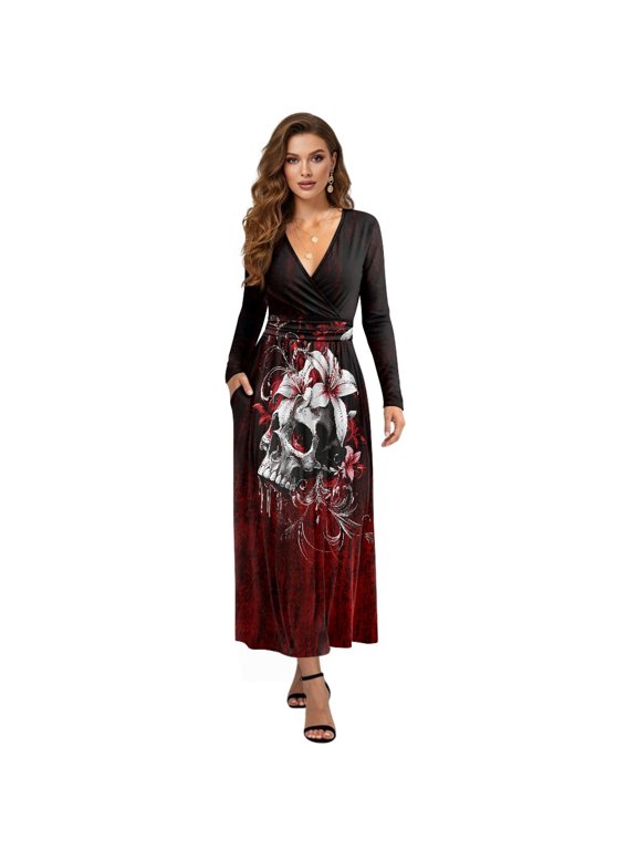 Lily Floral Skull Print Womens Long Sleeve Fall Dress V Neck Maxi Casual Dress with Pockets Soft A-Line Flowy Tiered Waist Dresses for Ladies, 3XL