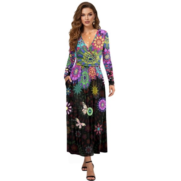 FKELYI Long Sleeve Maxi Dress for Women V-Neck Soft Casual Dress Bohemian Flower Butterfly Print Flowy A-Line Dresses with Side Pockets for Party Wedding, L