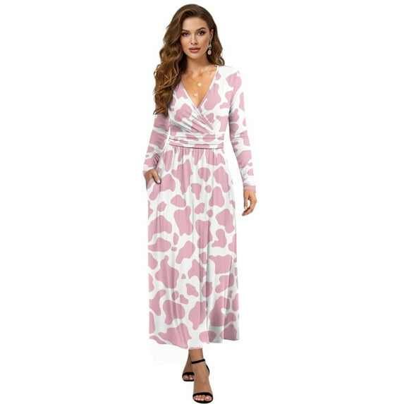 FKELYI Long Sleeve Maxi Dress for Women V-Neck Soft Casual Dress Pink Cow Print Flowy A-Line Dresses with Side Pockets for Party Wedding, M