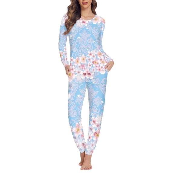 FKELYI Long Sleeve Pajamas for Women Size 6XL Aesthetic Cherry Blossom Women Sleepwear 2 Piece Casual Sleepwear for Women Pajama Set