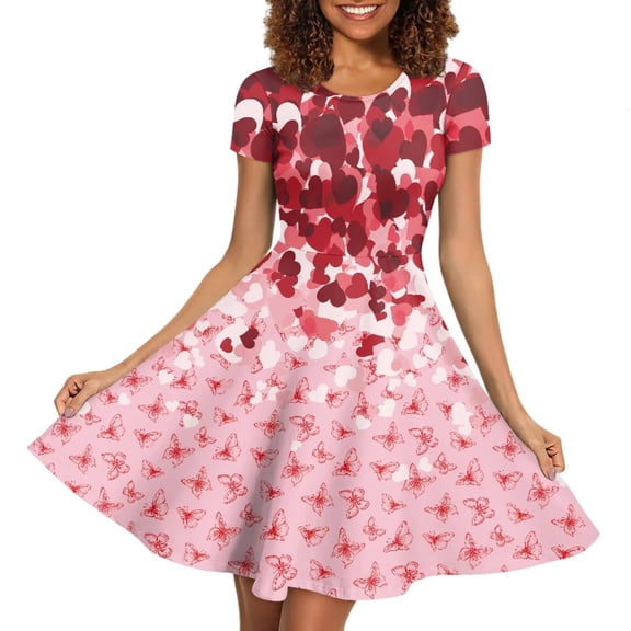 FKELYI Love Butterfly Short Sleeve Dresses for Valentine's Day Breathable Short Sleeve Dress for Women Midi Lightweight Swing Skater Dress Size L