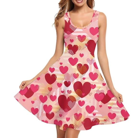 FKELYI Love Heart Sleeveless Dress Size 4XL Durable Swing Skater Midi Dress for Valentine's Day Polyester Tank Dresses for Women Casual Summer