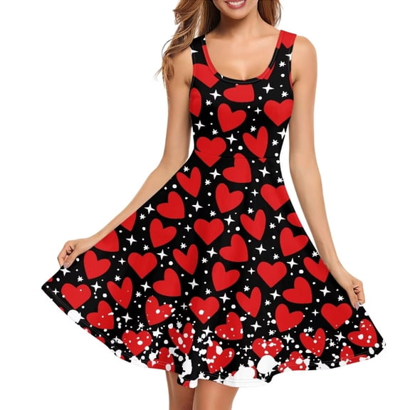 FKELYI Love Heart Sleeveless Dresses Size M Polyester Red Tank Dress for Women Breathable Valentine's Day Swing Twirl Skater Dress