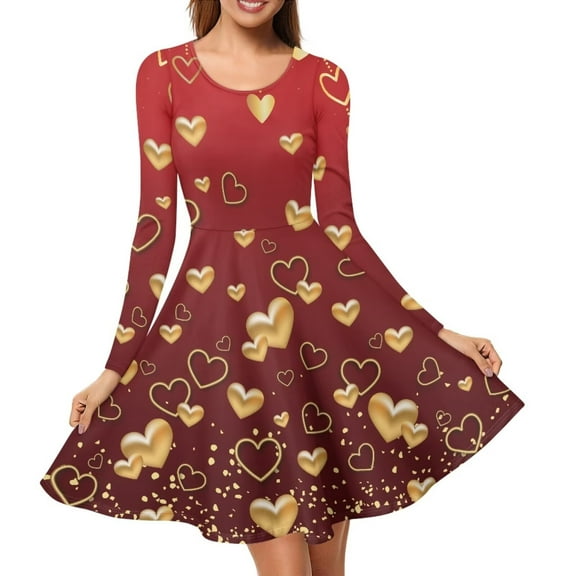 FKELYI Love Heart Women Dresses Size M Casual Gold Women Dress Long Sleeve Party Polyester Swing Skater Midi Dress Valentine's Day Gift