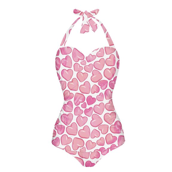 FKELYI Love Pink Print Halter Swimwear for Women One Piece Bikini Swimsuits with 2 Pcs Soft Pad Tummy Control Bathing Suits Monokini Summer Beachwear for Ladies Vacation, 2XL
