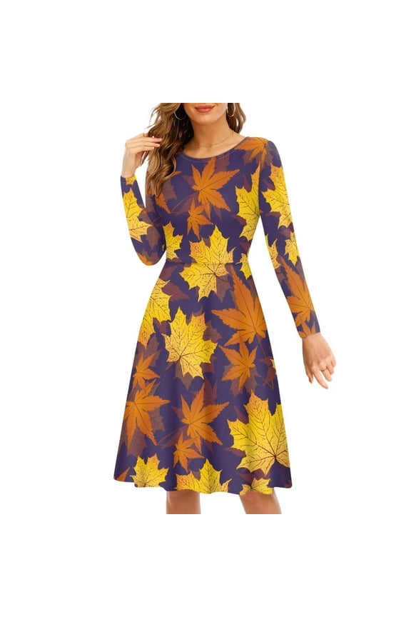 Maple Leaves Women Dress Size S Elastic Long Sleeve Dress for Women Wedding Guest Lightweight Hallo Thanksgiving Fall Fsetival Swing Dress