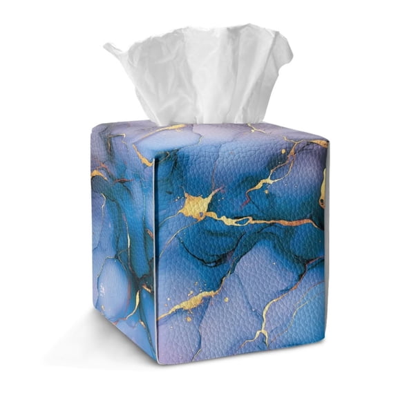 FKELYI Marble Gold Blue Print Tissue Box Cover Snap Button Design Tissue Box Holder Facial Paper Organizer Holder PU Leather Home Bathroom Office Decor