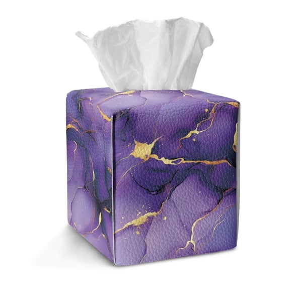 FKELYI Marble Gold Purple Print Tissue Box Cover Snap Button Design Tissue Box Holder Facial Paper Organizer Holder PU Leather Home Bathroom Office Decor