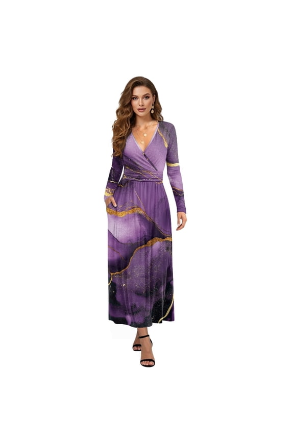 Marble Purple Gold Print Womens Fall Dress Long Sleeve Maxi Dress for Wedding Party Casual Outdoor Cloth V Neck Soft Dresses with Pocket, L