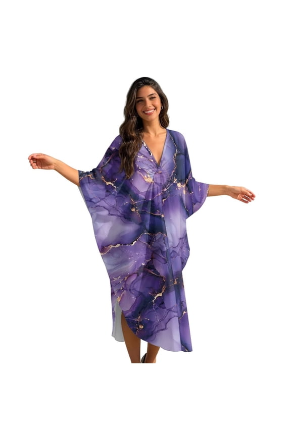 Marble Purple Gold Print Womens Summer Caftan Beach Cover Up Batwing Sleeves Maxi Beach Dress V Neck Swimwear Coverup Plus Size Loungewear for Vacation