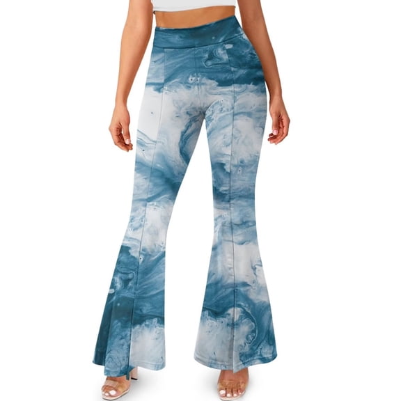 FKELYI Marble Texture Blue Print Yoga Pants for Women Wide Leg Pants High Waisted Bootcut Pants Breathable Bell Bottom Pants Sweatpants for Workout Tummy Control Athleticwear, XS
