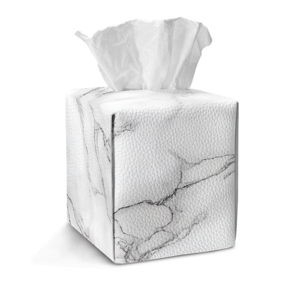 FKELYI Marble White Print Tissue Box Cover Square PU Leather Tissue Box Holder Facial Paper Organizer Holder for Home Bathroom Office Tabletop Decor