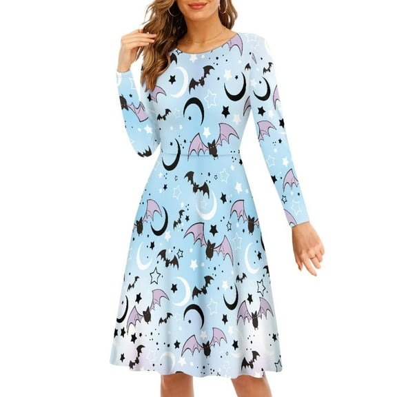 FKELYI Moon Bats Women Dresses Elastic Halloween Blue A Line Swing Skater Twirl Dresses Soft Round Neck Swing Dress Size 3XL