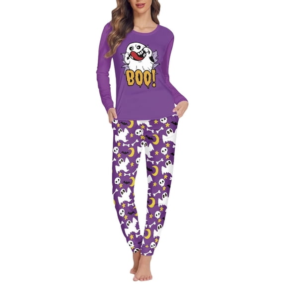 FKELYI Moon Ghost Pjs for Women 2pcs Leisure Halloween Ladies Pajamas Sets Size 6XL Stretchy Long Sleeve Women Pajamas