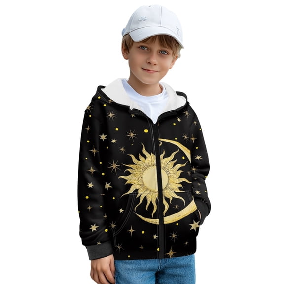 FKELYI Moon Sun Asterism Print Zip Up Hoodies for Kids Fall Sweatshirt Boys Girls Jacket with Side Pockets Winter Activewear Top Cosy Hooded Clothes, M